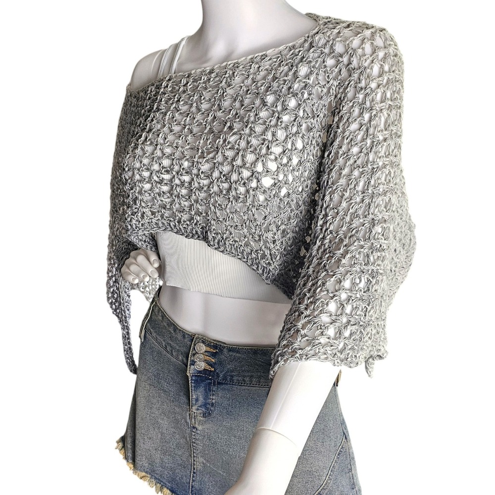 Handmade Crochet Shrug Gray Ombre Open Knit Festival Wrap Shawl - Picture 4 of 11